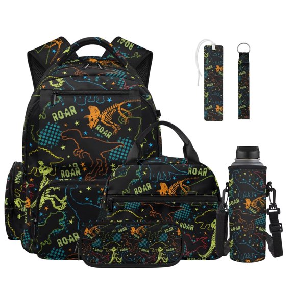 Xixirimido Abstract Dinosaurs 6 Pieces School Backpack Combo | Backpack Lunch Bag Pencil Case Water Bottle Holder Keychain Bookmark, Lightweight Daypack for Students