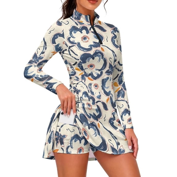 Xixirimido Abstract Floral Print Golf Dress for Women with Shorts, Long Sleeve Mini Tennis Dress, 1/4 Zip Workout Athletic Dresses, UPF 50+, Quick Dry, X-Large