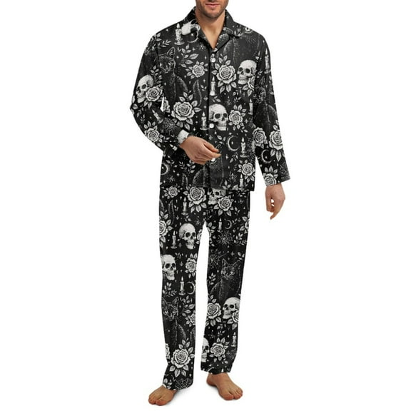 Xixirimido Abstract Skulls Roses Print Mens Pajama Set Soft Button Down Pajamas Long Sleeve Pjs Sleepwear Loungear Comfy Sleep Sets with Pockets, XX-Large