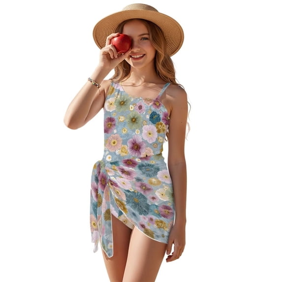 Xixirimido Abstract Spring Floral Print Girls One Piece Bathing Suit with Mesh Cover Up, Adjustable Strap Swimwear One Shoulder Swimsuit for Girl with Removable Pad, Size 13-14 Years
