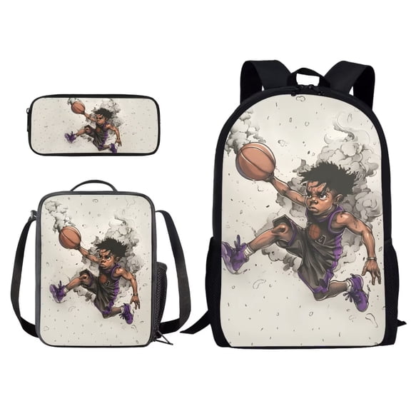 Xixirimido African Boy Basketball Pattern Backpack Set for Kids Boys Girls School Bag with Lunch Bag Pencil Bag Primary Elementary Bookbag 3 Pcs Set