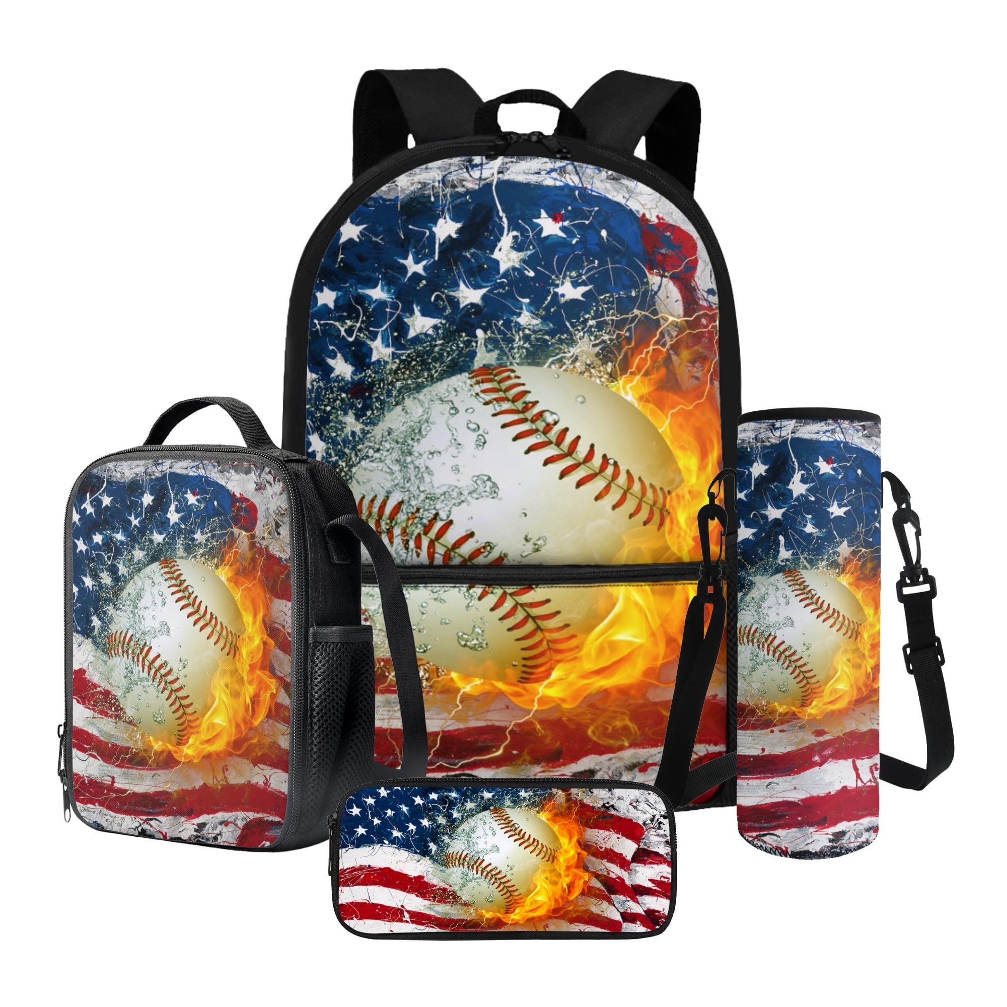 Xixirimido American Flag Baseball Pattern 17" Backpack Set with Lunch Bag, Pen Case, and Water Bottle Carrier Kids Students Large Capacity School Bag 4Pcs Sets for Boy Girl, 4th of July Design