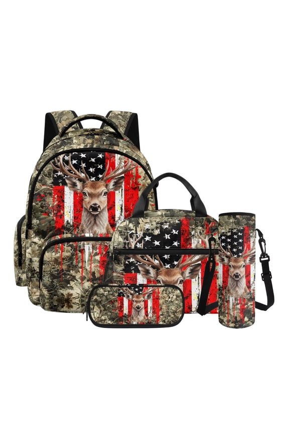 American Flag Deer Forest Camo 17 Inch School Backpack with Lunch Box Pencil Case and Water Bottle Holder 4-Piece Book Bag Set for Boys Girls Back to School Supplies for Boys Girls