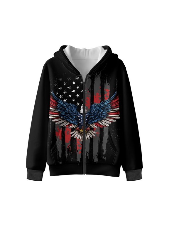 American Flag Eagle Printed Kids Zip Up Hoodies for Boys Girls 3D Graphic Hooded Sweatshirt Zipper Long Sleeve Pullover Top with Pockets for 12-14 Years