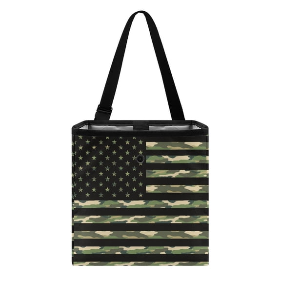 Xixirimido American Flag Green Camo Pattern Car Trash Can Leakproof Trash Bin Car Garbage Can Hanging Water-Resistant Collapsible Auto Trash Bag Car Accessories for Women Men