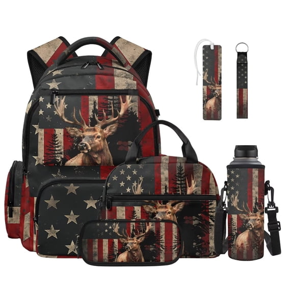 Xixirimido American Flag Hunting Deer Print 6 in 1 Kids Backpack Set with Insulated Lunch Bag Pencil Case Water Bottle Sleeve Keychain Bookmark, 17 Inch School Bookbag for Boys Girls