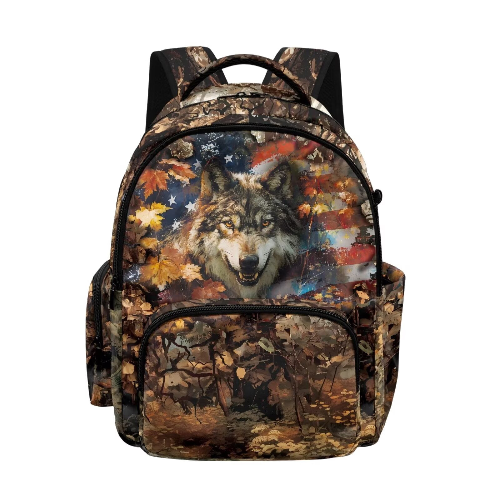 Xixirimido American Flag Wolf Forest Camo Print 17" Kids Backpack for Boys & Girls Large School Bags with Multi Pockets Elementary Middle High School Student Bookbag
