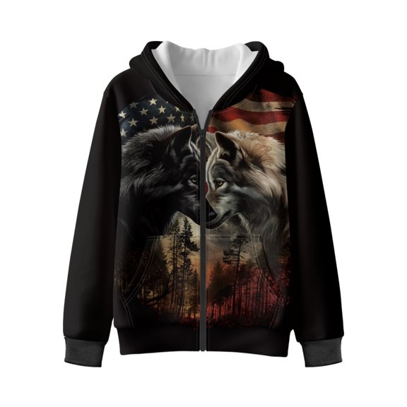 Xixirimido American Flag Wolves Forest Pattern Hoodies for Girls Boys Zip Up Hoodie Sweatshirt Teen Lightweight Fall Winter Jacket Casual Long Sleeve Pullover Top Velvet Lining for 6-8 Years