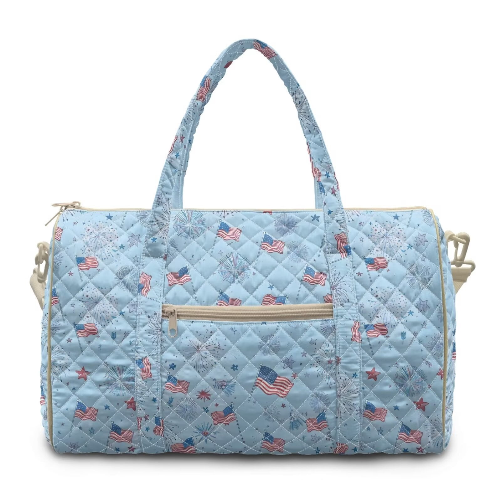 Xixirimido American Flags Firework Blue Print Travel Duffel Bags for Women Men Weekender Overnight Bag Carry On Quilted Fabric, Women Hospital Bags for Labor and Delivery
