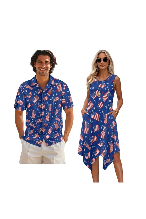 American Flags Stars Blue Print Matching Couple Outfits His and Hers Set Men's Button Down Shirt & Women's Sleeveless Midi Dress Summer Casual Beach Vacation Clothes, L