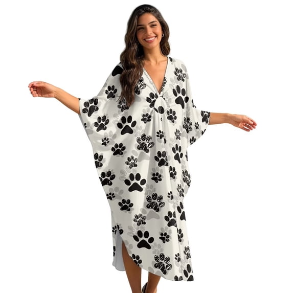 Xixirimido Animal Paws Print Kaftan Dresses for Women Plus Size V Neck Caftans Long Batwing Sleeve Beach Cover Ups Summer Beach Dress