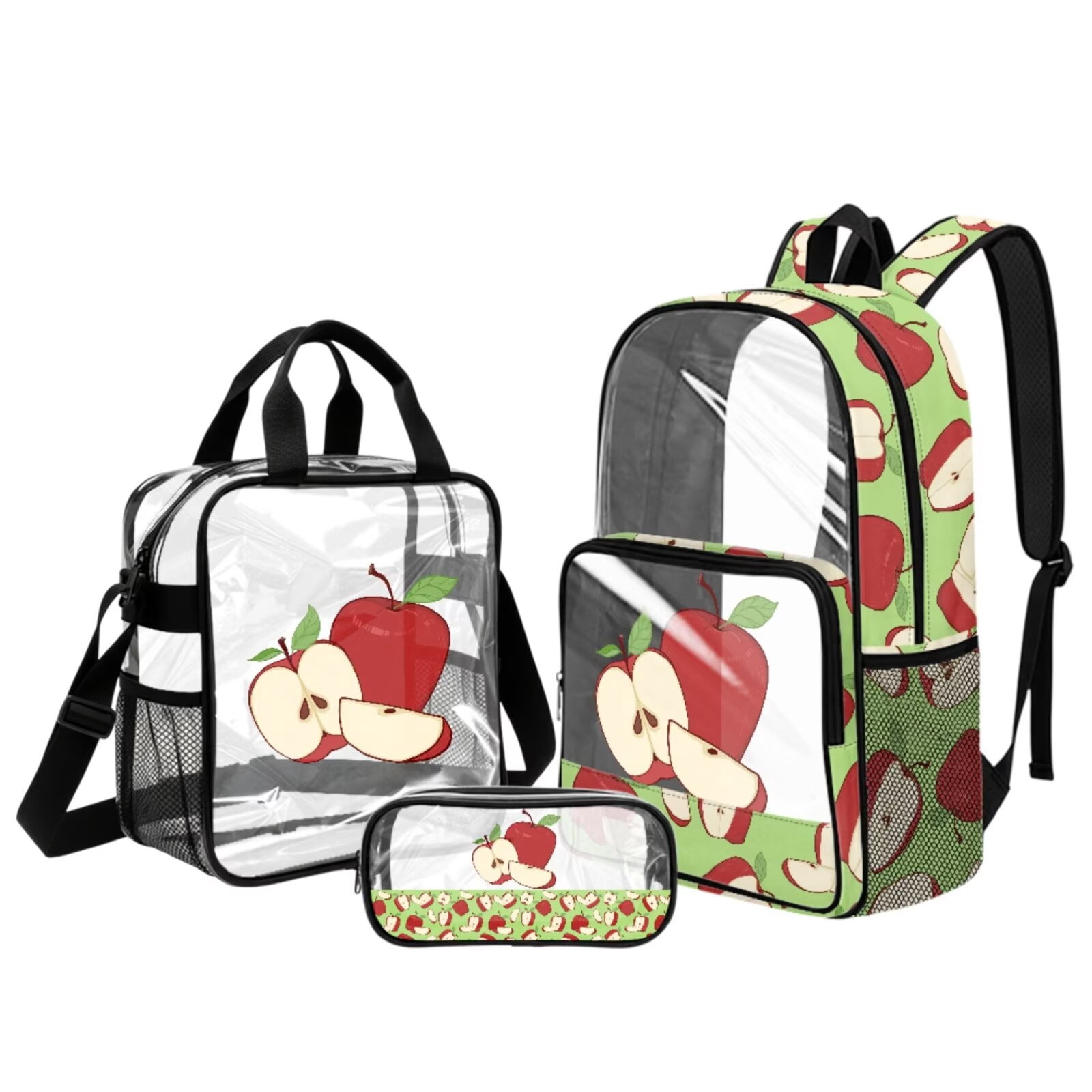 Xixirimido Apple Notes Print PVC Clear Backpack Set 3 In 1 Stadium Approved Transparent 17in School Backpack Lunch Bag Pencil Case for Teens Boys Girls