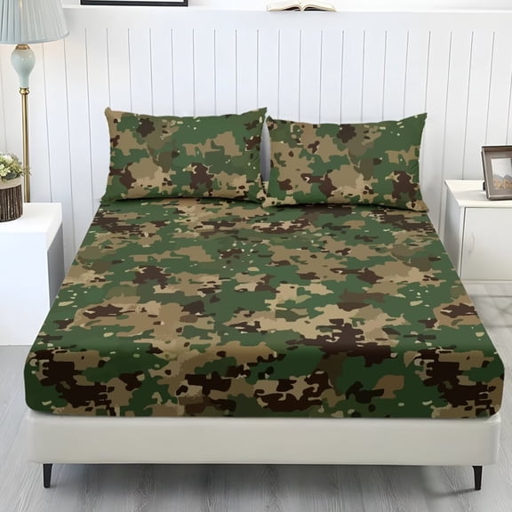 Xixirimido Army Green Camouflage Print Sheet Set Breathable Fitted Bottom Sheet Soft Wrinkle-Resistant Durable Bedding Set with Deep Pockets for Home Decor, Twin Size