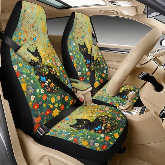 Xixirimido Automotive Seat Covers for Cars Trucks and SUVs Car Seat Covers for Front Seats with Car Seatbelt Covers & Armrest Box Cover, Set of 5, Black Cat Colorful Floral