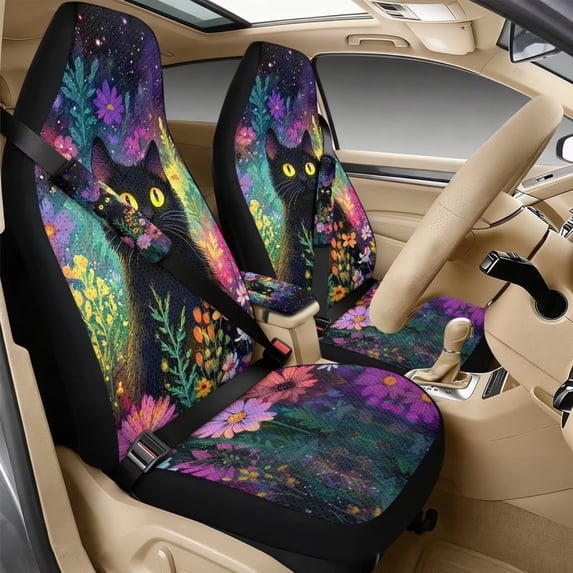 Xixirimido Automotive Seat Covers for Cars Trucks and SUVs Car Seat Covers for Front Seats with Car Seatbelt Covers & Armrest Box Cover, Set of 5, Cat Vibrant Floral Starry Night