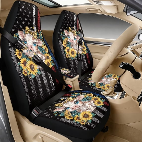 Xixirimido Automotive Seat Covers for Cars Trucks and SUVs Car Seat Covers for Front Seats with Car Seatbelt Covers & Armrest Box Cover, Set of 5, Cow Sunflower US Flag