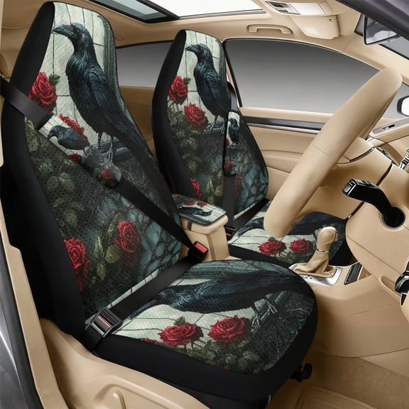 Xixirimido Automotive Seat Covers for Cars Trucks and SUVs Car Seat Covers for Front Seats with Car Seatbelt Covers & Armrest Box Cover, Set of 5, Crow Red Roses