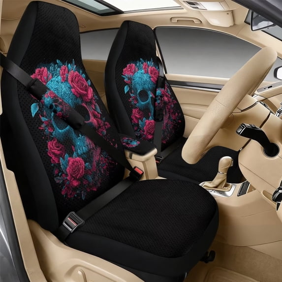 Xixirimido Automotive Seat Covers for Cars Trucks and SUVs Car Seat Covers for Front Seats with Car Seatbelt Covers & Armrest Box Cover, Set of 5, Roses Floral Gothic Skull