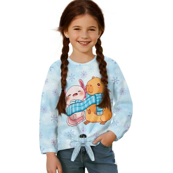 Xixirimido Axolotl Capybara Snowflake Blue Printed Girls Long Sleeve Shirts Cute Kids Fashion Crew Neck Tunic Tops Tie-hem Tees for Fall Winter, Size 9-10