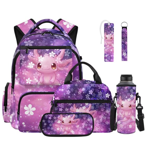 Xixirimido Axolotl Cherry Blossom 6 in 1 Kids School Backpack Set with Insulated Lunch Bag Pencil Case Water Bottle Sleeve Keychin Bookmark, 17 Inch Laptop Bookbag for Girls
