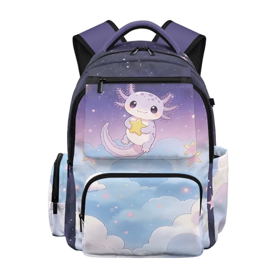 Xixirimido Axolotl Clouds Galaxy Print Kids Backpack for Girls Preschool Elementary Students Bookbag 17inch Large School Bag Multi-pocket Lightweight Backpacks