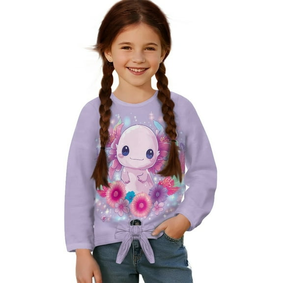 Xixirimido Axolotl Floral Purple Pattern Girls Casual Long Sleeve Shirts Knot Tie-hem Tunic Tops Crewneck Tees Blouses Girls Fashion Clothes, Size 7-8