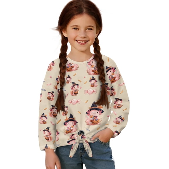 Xixirimido Axolotl Halloween Theme Design Girls Long Sleeve Shirts Casual T-shirt Loose Fit Tunic Tops Crewneck Blouse Tees for Fall Winter, Size 5-6