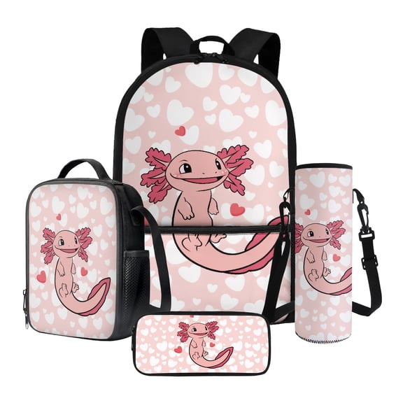 Xixirimido Axolotl Hearts Pink Pattern 4Pcs Children Schoolbag Set Large Capacity Backpack with Lunch Box Pencil Pouch and Water Bottle Holder Bag for Teens Girls Bookbag Set
