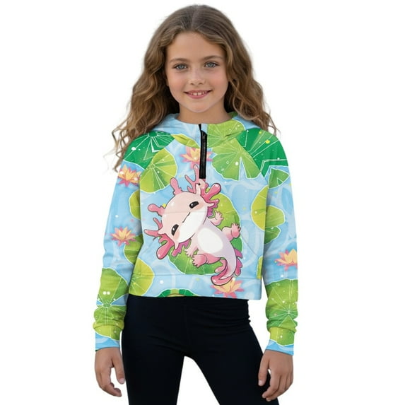 Xixirimido Axolotl Lotus Leaf Pattern Girls' Hoodies Sweatshirts Half Zipper Pullover Crop Tops with Pocket for Teen Girls Long Sleeve Sweater, Size 5-6