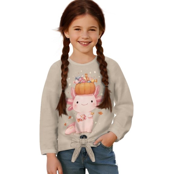 Xixirimido Axolotl Pumpkin Fall Leaf Candy Print Girls Casual T-Shirt Crew Neck Tunic Tops Long Sleeve Loose Fit Soft Blouse Tie-hem Tees for Fall Winter, Size 11-12