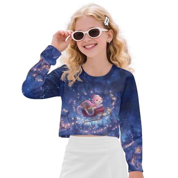 Xixirimido Axolotl Sleigh Car Starry Night Girls Crop Tops Kids Long Sleeve Pullover Sweatshirts Girls Cropped Crewneck Sweatshirt Teen Spring Fall Outfits for 5-6 Years