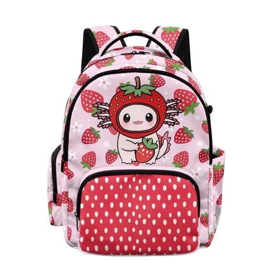 Xixirimido Axolotl Strawberry Dots Red Pink Print 17" School Backpack for Girls High School Book Bag Cute Backpack Lightweight Middle School Back Pack Daypack Elementary