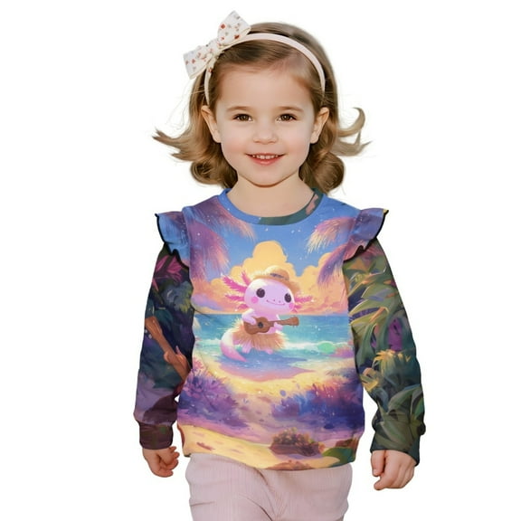 Xixirimido Axolotl Tropical Style Print Ruffle Shoulder Toddler Girls Sweatshirt Long Sleeve Graphic Pullover Top Soft Crewneck Sweater Fall Winter Wear, for 4-5T