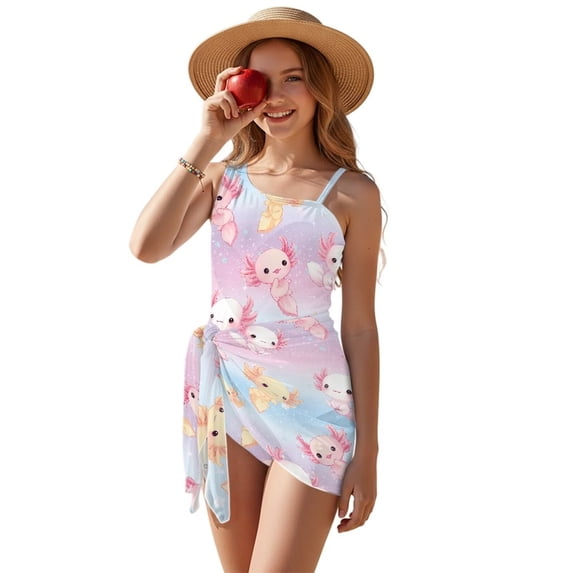 Xixirimido Axolotls Colorful Tie-dye Print Girls One Piece Swimsuit with Mesh Cover Up Teen Adjustable Strap Bathing Suits with Removable Bra Swimwear Set, Size 7-8 Years