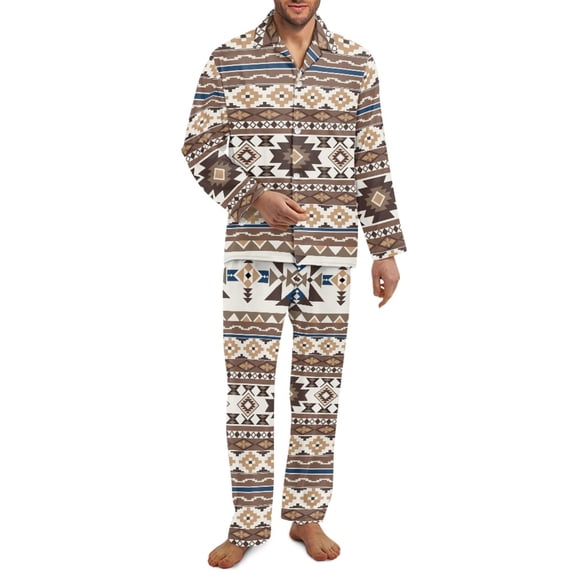 Xixirimido Aztec Tribe Geometric Print Mens Pajama Set Long Sleeve Sleepwear Classic Button Down Loungewear Soft Sleepwear Pj Set with Pockets , Small