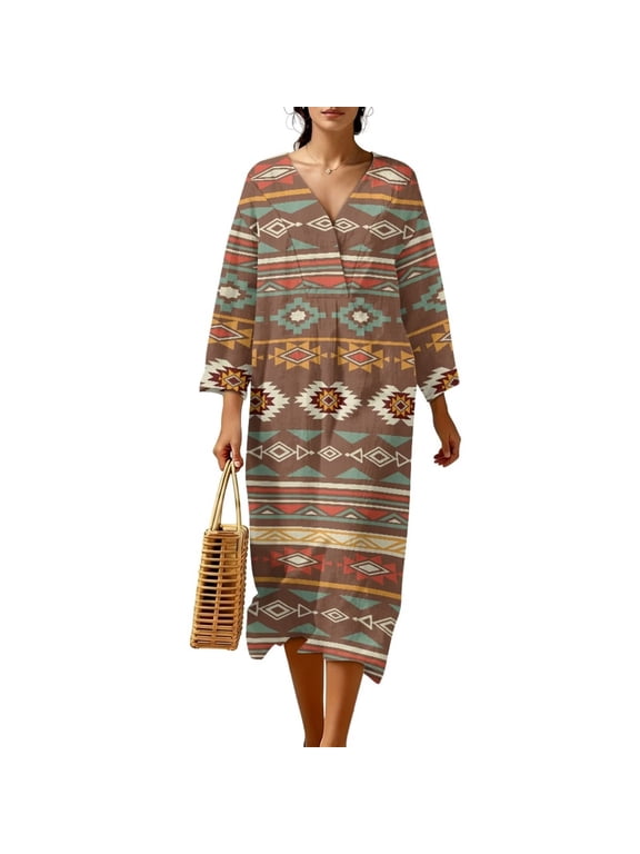 Aztec Tribe Geometric Print Women Linen Dresses 3/4 Sleeve V Neck Loose Dress for Women Casual A-Line Midi Beach Dress for Spring Summer S