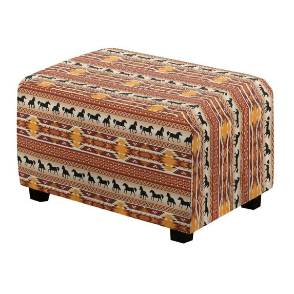 Xixirimido Aztec Tribe Horse Pattern Ottoman Cover Rectangle Stretch Footrest Stool Cover for Storage Ottoman, Foot Stool Slipcover Protector with Nonslip Elastic Bottom,Small