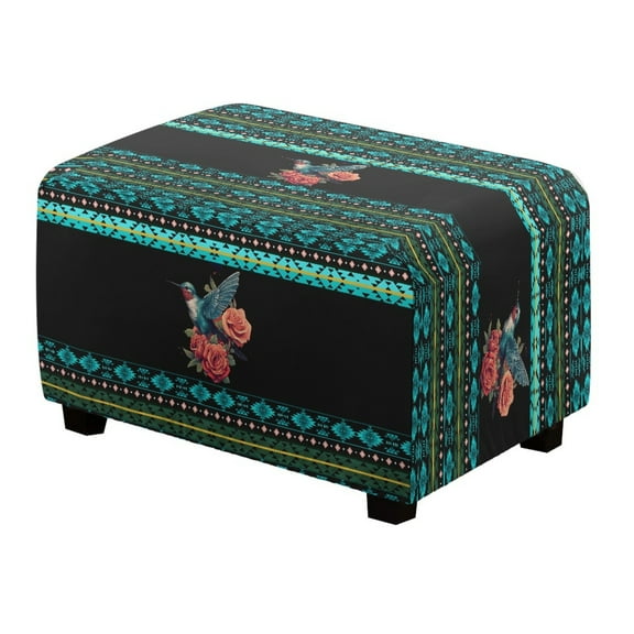 Xixirimido Aztec Tribe Hummingbird Rose Pattern Stretch Ottoman Cover Rectangle Footstool Slipcover Folding Storage Stool Protector Nonslip Footrest Ottoman Cover with Elastic Bottom,Small