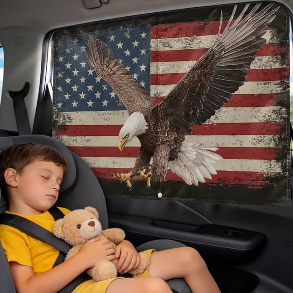 Xixirimido Bald Eagle USA Flag Car Rear Side Window Sun Shade, 250th Independence Day Patriotic Magnetic Dual Layer UV Protection Privacy Curtain, Universal SUV Truck Kids Nap Sun Blocker