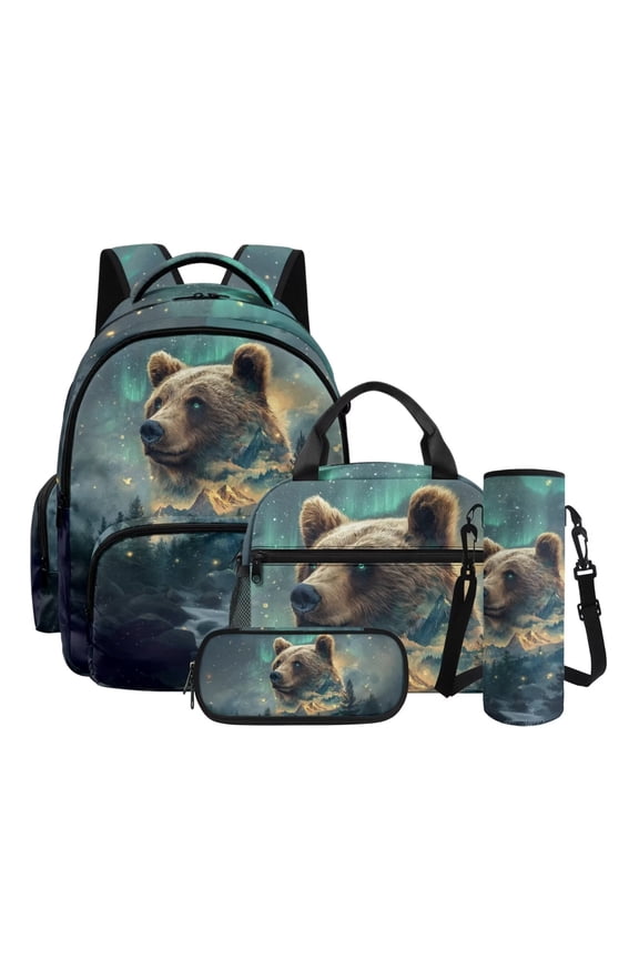 Bear Forest Galaxy 4 Piece Kids Backpack Set with Lunch Box Pencil Case and Water Bottle Holder 17 Inch Backpack for Boys Girls Teens Elementary Middle School