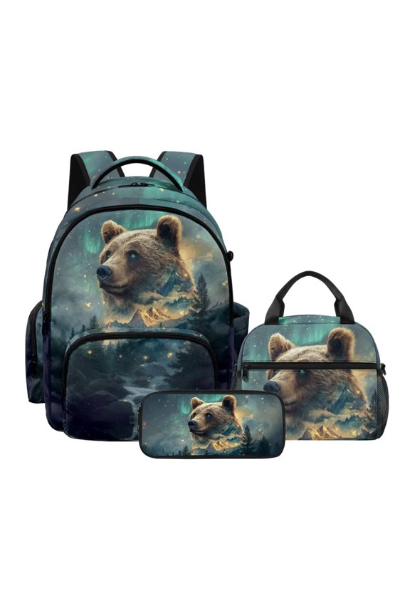 Bear Forest Galaxy Print 3Pcs Backpack Set for Children 17 Inch School Bag Thermal Lunch Box & Pencil Case Boys Girls Multi-Pockets School Backpack Set