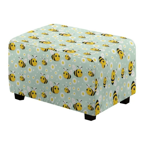 Xixirimido Bee and Daisy Flower Pattern Ottoman Cover Rectangle Storage Ottoman Slipcover Stretch Footrest Stool Covers with Elastic Band for Rectangle and Square Ottoman, Small