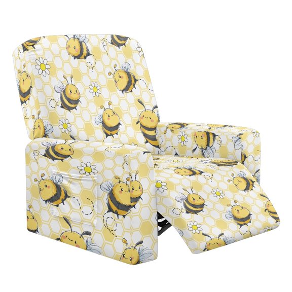 Xixirimido Bee Floral Honeycomb Pattern Recliner Chair Cover 4-Pieces Lazyboy Cover for Recliner Chair with Storage Pockets Furniture Protector for Living Room Printed Sofa Slipcover