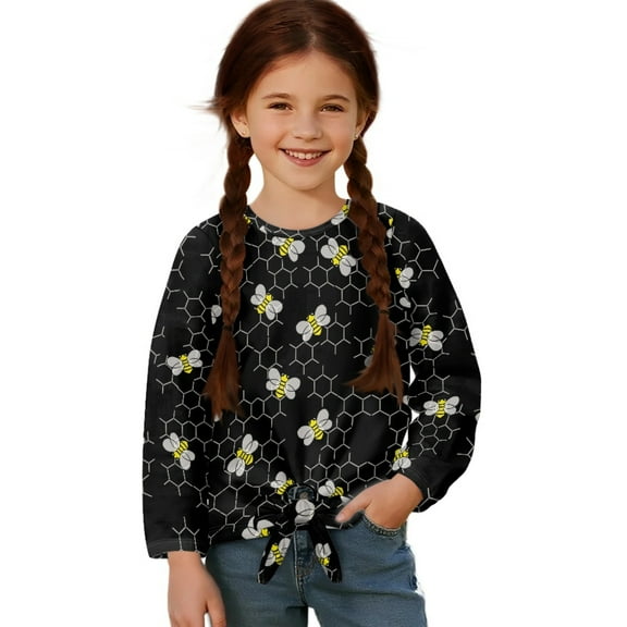 Xixirimido Bee Honeycomb Black Pattern Girls Long Sleeve Shirt Kids Crewneck T-Shirts Trendy 3D Graphic Tie-hem Cute Tees for Fall Winter, Size 7-8