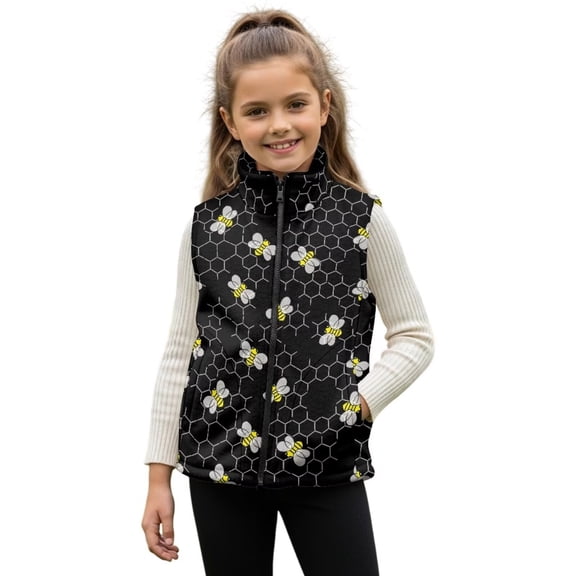 Xixirimido Bee Honeycomb Black Pattern Kids Zip-up Vest for Girls Boys Sleeveless Fleece Vest with Pockets Stand Collar Jacket Kids Fall Winter Outwear for 4T