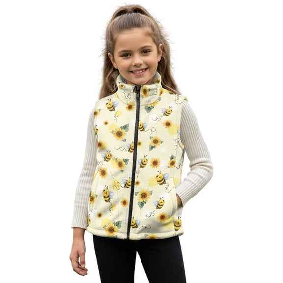 Xixirimido Bee and Sunflower Pattern Girls Boys Zippered Vest Warm Soft Fleece Vest for Kids Sleeveless Stand Collar Jacket with Pockets Fall Winter Outerwear for 4T