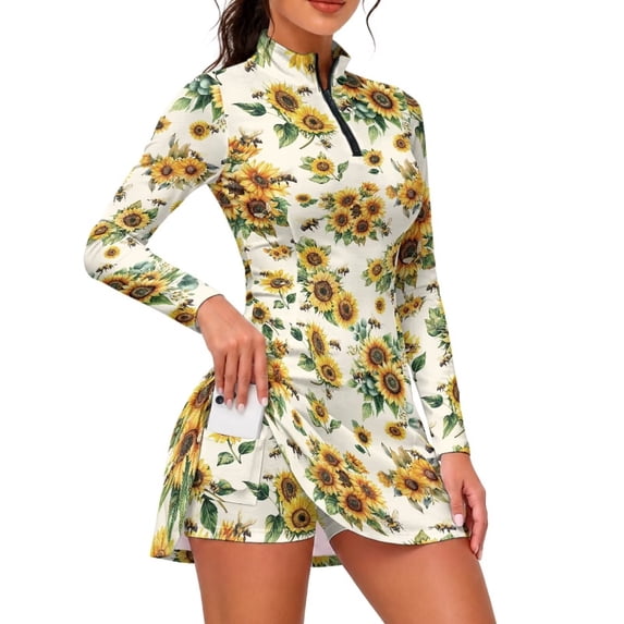 Xixirimido Bee Sunflower Print Women's Tennis Golf Dress, with Built-in Shorts, Long Sleeve 1/4 Zip Active Workout Sports Athletic Dresses with Pockets, XX-Large