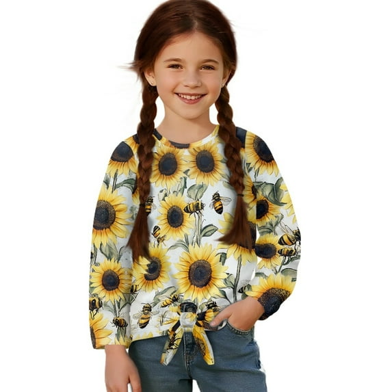 Xixirimido Bee Sunflower White Print Girls Long Sleeve Shirts Cute Kids Fashion Crew Neck Tunic Tops Tie-hem Tees for Fall Winter, Size 5-6