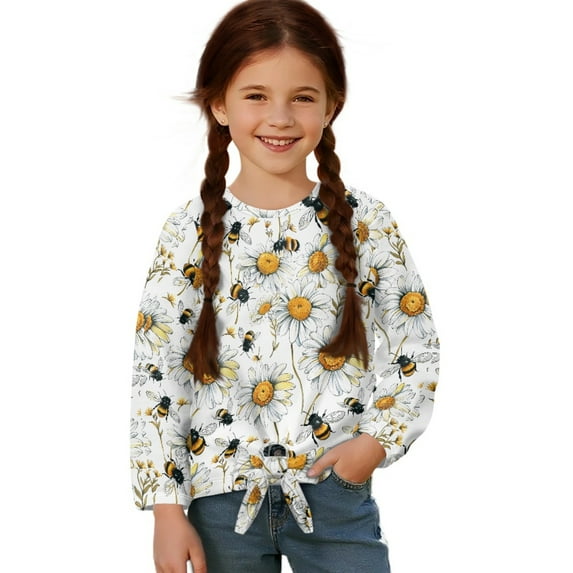 Xixirimido Bee White Daisy Printed Girls Long Sleeve Shirts Casual T-shirt Loose Fit Tunic Tops Crewneck Tie-hem Blouse Tees for Fall Winter, Size 7-8
