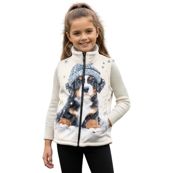 Xixirimido Bernese Mountain Dog Snow Pattern Boys Girls Fleece Vest Sleeveless Stand-up Collar Jacket with Pockets Full-Zip Fall Winter Warm Outerwear for 2T